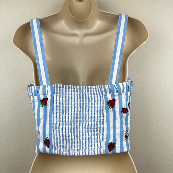 Maeve Anthropologie Striped Embroidered Strawberry Cami Top Blue 4 Coquette - Picture 6 of 15